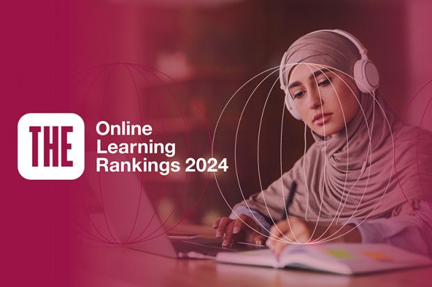 A woman with headphones writes in a notebook beside a laptop; text reads "THE Online Learning Rankings 2024."