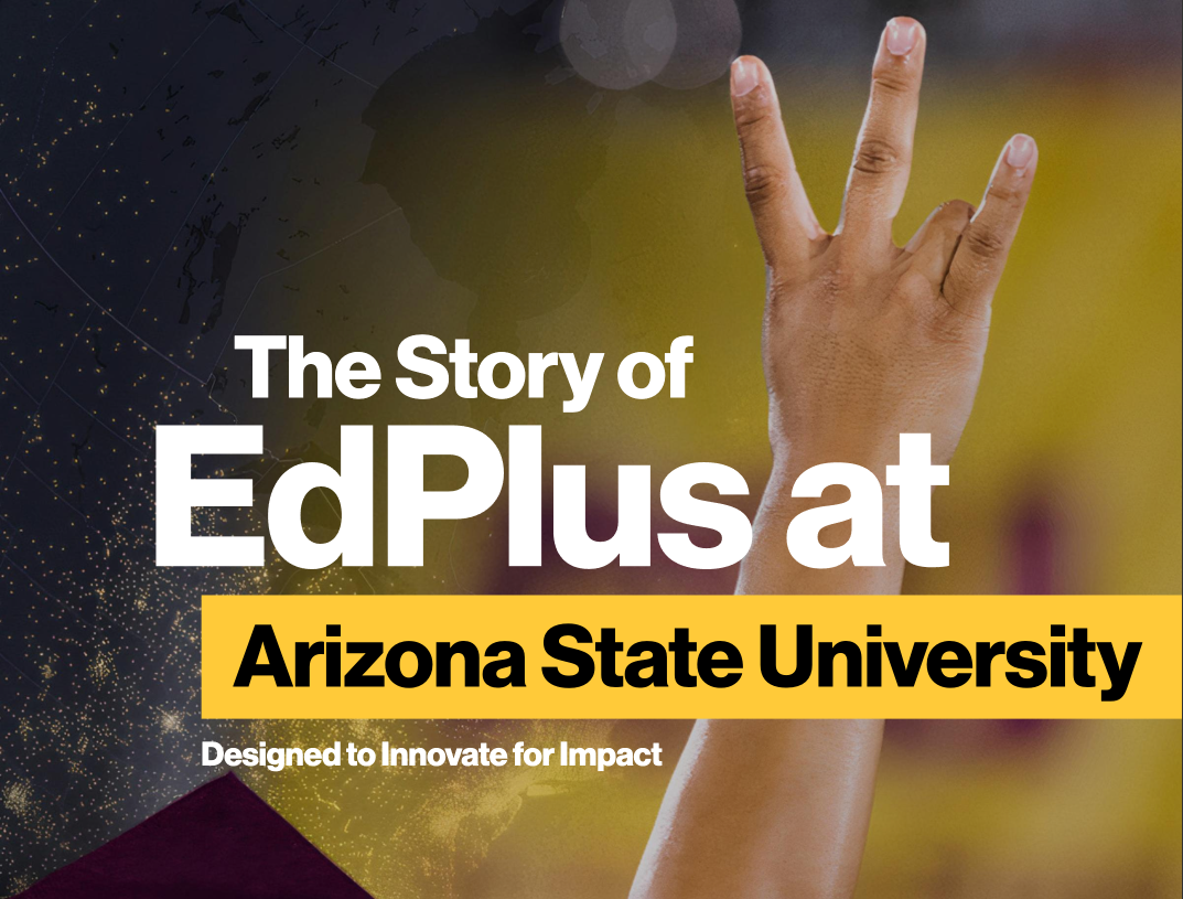 Hand making an ASU pitchfork gesture with overlaid text about EdPlus at Arizona State University.